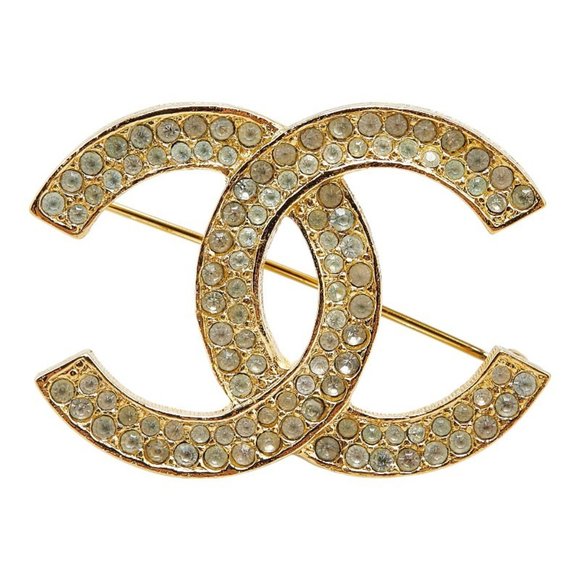 Chanel Coco Mark Rhinestone Brooch, Gold Plated, Women's, CHANEL - Picture 1 of 3